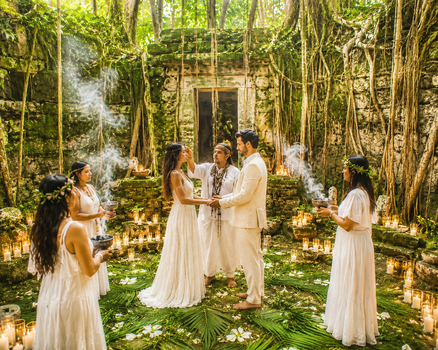 A couple beneath a flower-draped jungle arch with candlelight in a Mayan temple clearing