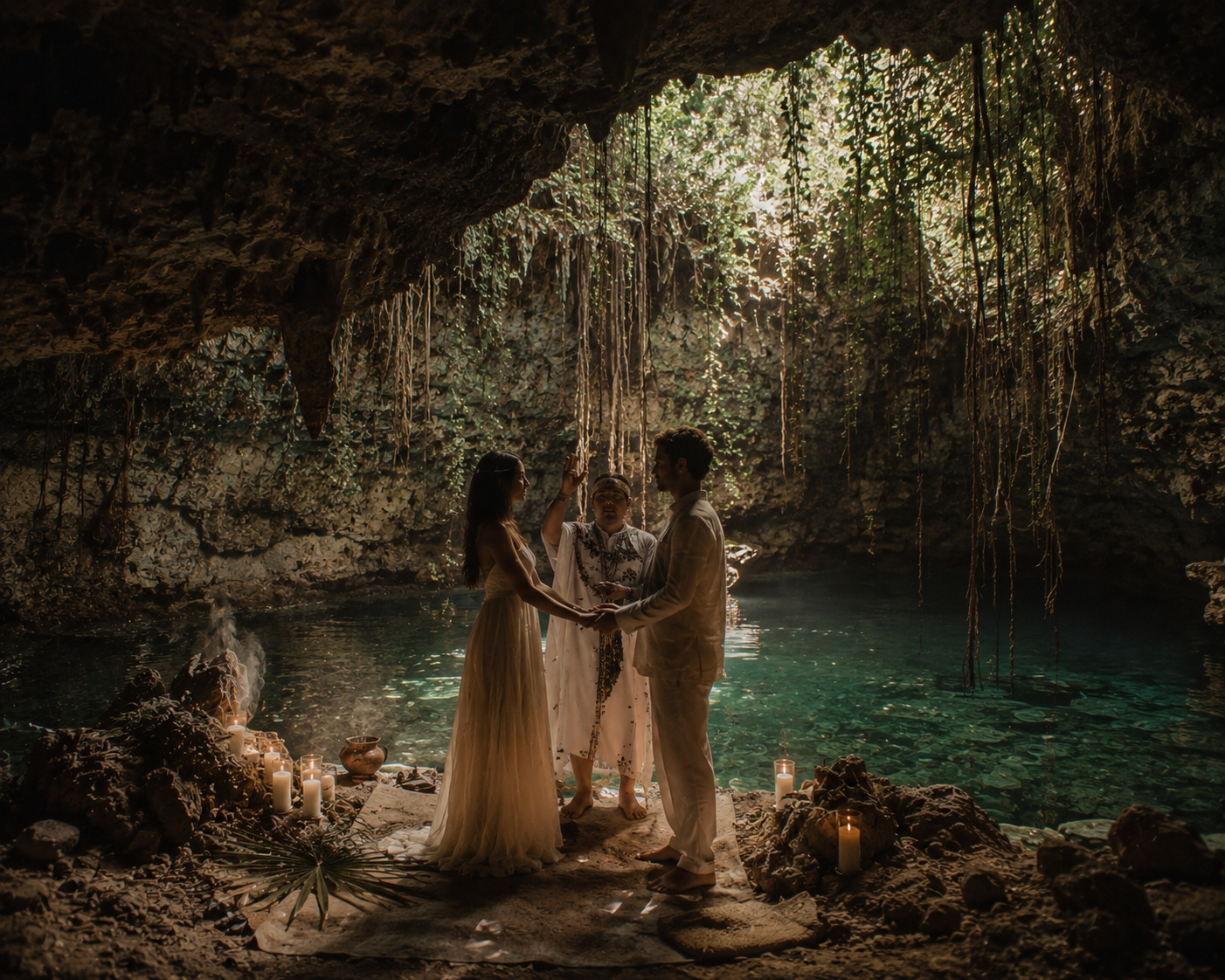A couple facing each other inside a sacred Mayan cenote, illuminated by a shaft of golden light from above