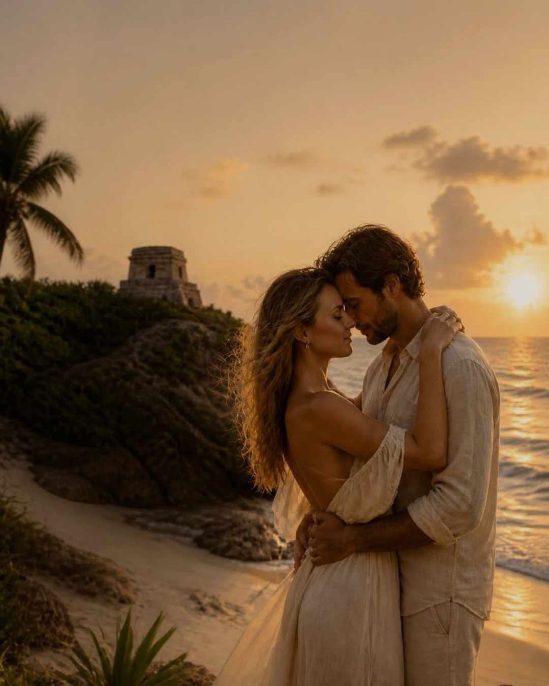 Two foreheads pressed together at sunset