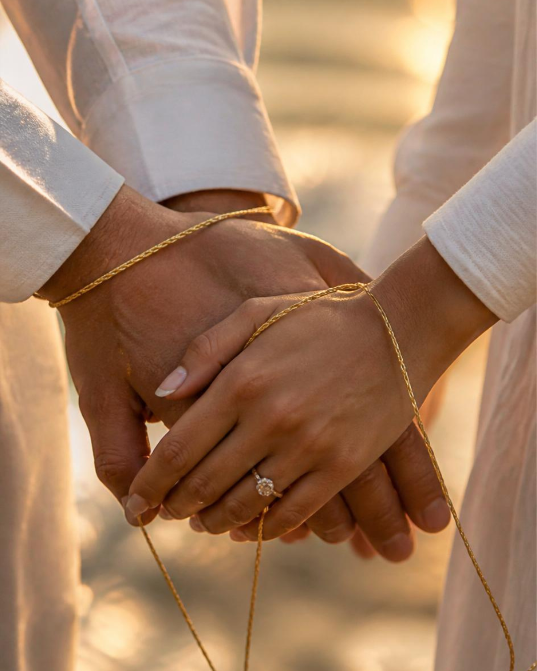 Two hands clasped with gold wedding bands