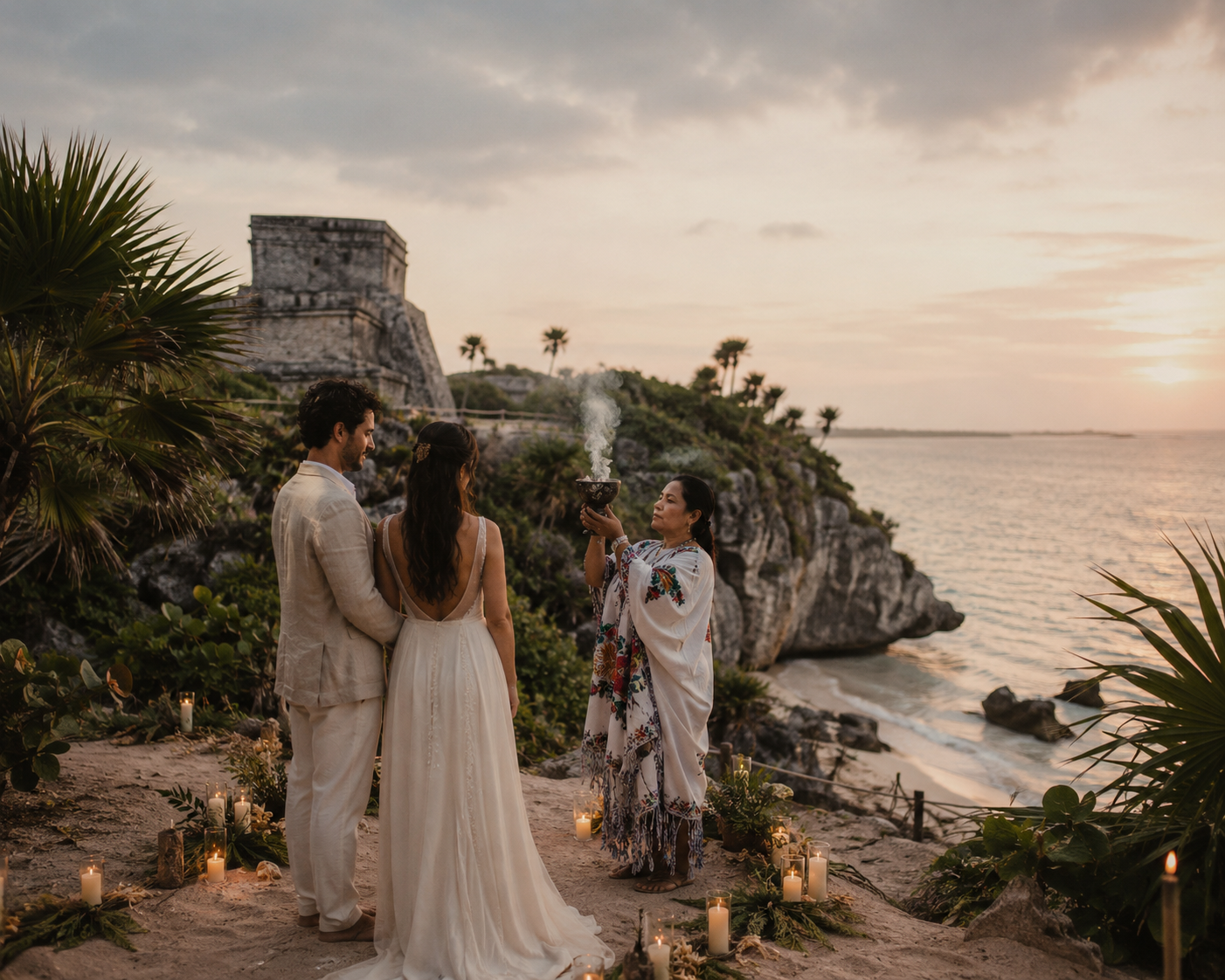 A couple kissing under a flower-draped driftwood arch at sunset