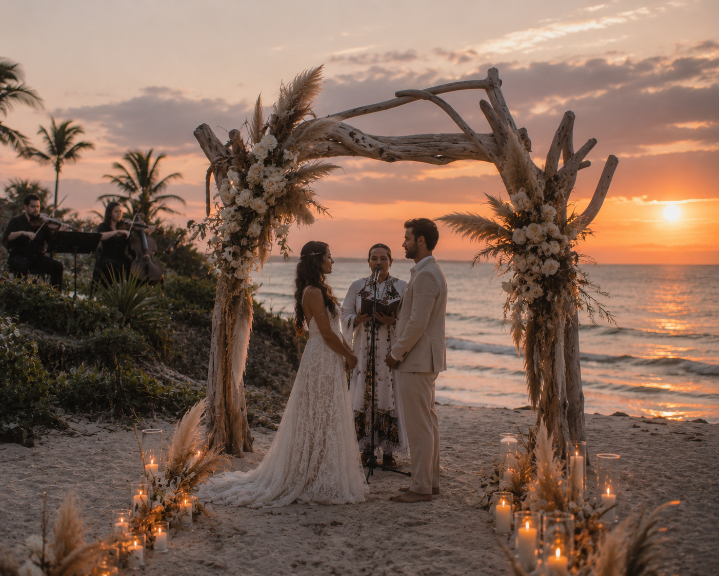 Iconic silhouette of a couple embracing in front of an enormous Tulum sunset